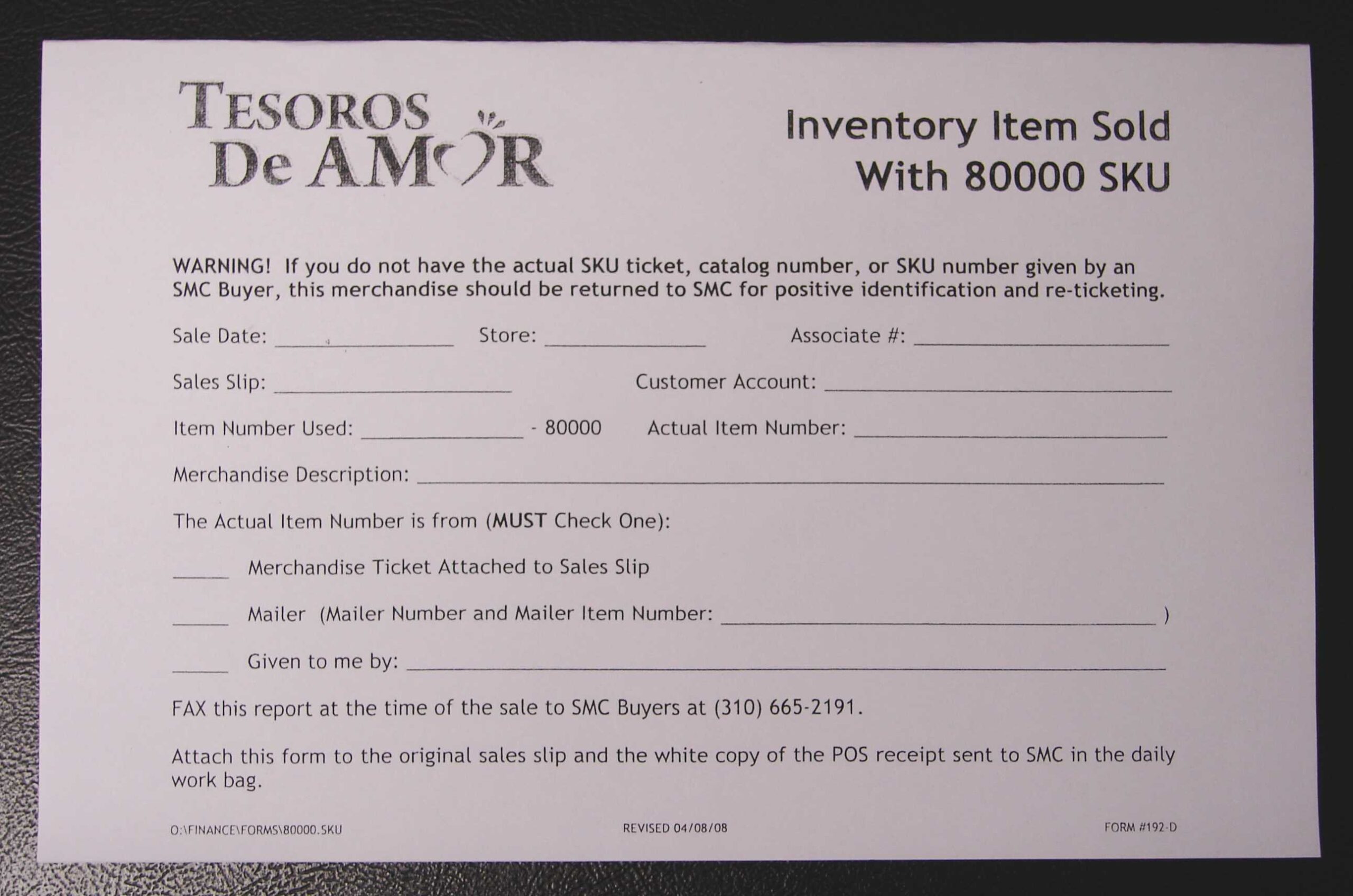 192D Item sold with 80000 SKU form